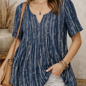 Maeve Blue and White Patterned V-neck Pleated Back Blouse 100% Cotton Natural